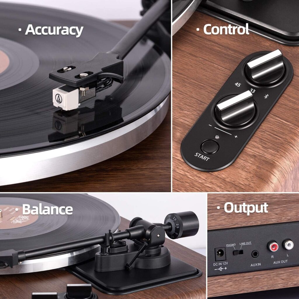 1 by ONE High Fidelity Belt Drive Turntable with Built-in Speakers, Vinyl Record Player with Magnetic Cartridge, Bluetooth Playback and Aux-in Functionality, Auto Off