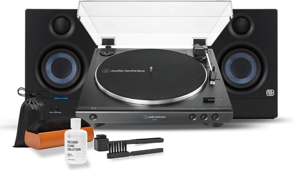 Audio-Technica AT-LP60X-BK Fully Automatic Belt-Drive Stereo Turntable Bundle with Eris 3.5 Monitors and Vinyl Cleaning Kit