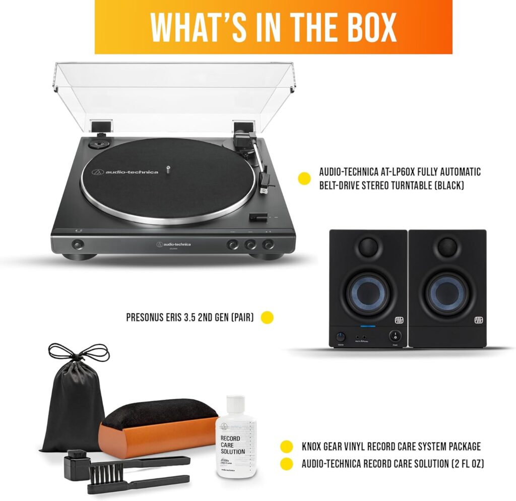 Audio-Technica AT-LP60X-BK Fully Automatic Belt-Drive Stereo Turntable Bundle with Eris 3.5 Monitors and Vinyl Cleaning Kit