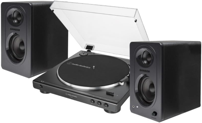 Audio-Technica AT-LP60X Fully Automatic Belt-Drive Stereo Turntable with Built-in Preamp and USB Output Vinyl Playback Bundle with 3-Inch Powered Studio Monitors Pair (Black) (3 Items)