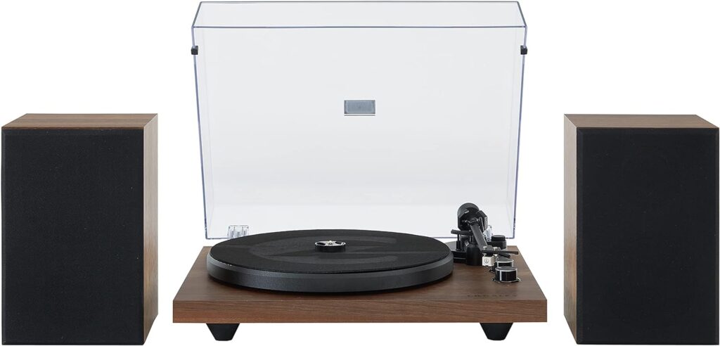 Crosley C62C Turntable HiFi System Record Player with Speakers, Adjustable Tonearm, Moving Magnet Cartridge, Bluetooth Receiver, 40W Per Channel, and Anti-Skate, Walnut