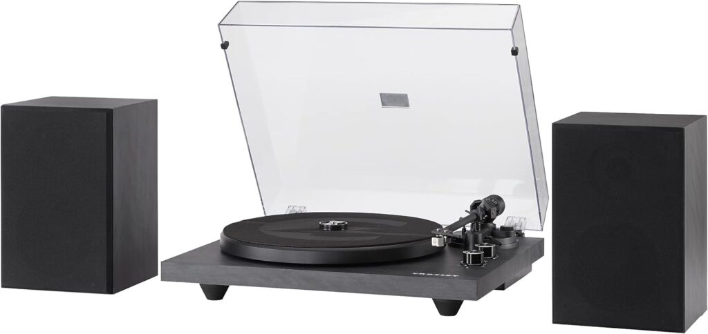 Crosley C62C Turntable HiFi System Record Player with Speakers, Adjustable Tonearm, Moving Magnet Cartridge, Bluetooth Receiver, 40W Per Channel, and Anti-Skate, Walnut