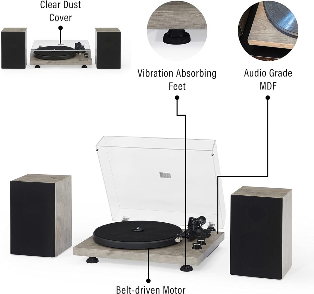 Crosley C62C Turntable HiFi System Record Player with Speakers, Adjustable Tonearm, Moving Magnet Cartridge, Bluetooth Receiver, 40W Per Channel, and Anti-Skate, Walnut