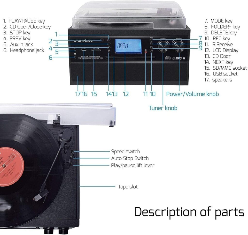 DIGITNOW Bluetooth Record Player Turntable with Stereo Speaker, LP Vinyl to MP3 Converter with CD, Cassette, Radio, Aux in and USB/SD Encoding, Remote Control, Audio Music Player Built in Amplifier