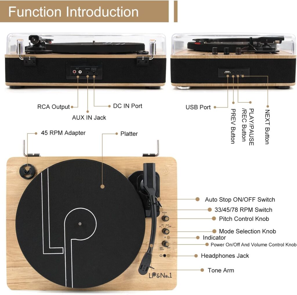 LPNo.1 Record Player with Stereo Speakers, 3-Speed Belt-Drive Turntable for Vinyl Records with Wireless Playback and Auto-Stop,Walnut Wood