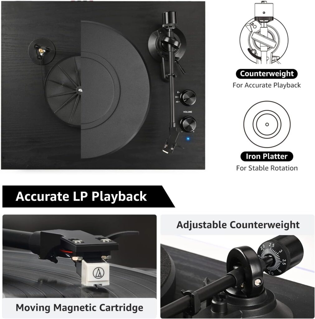 Record Player Vinyl Bluetooth Turntable with 36 Watt Stereo Bookshelf Speakers, Hi-Fi System with Magnetic Cartridge, USB Recording and Auto Stop