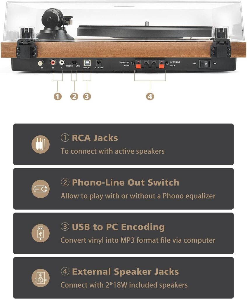 Record Player Vinyl Bluetooth Turntable with 36 Watt Stereo Bookshelf Speakers, Hi-Fi System with Magnetic Cartridge, USB Recording and Auto Stop