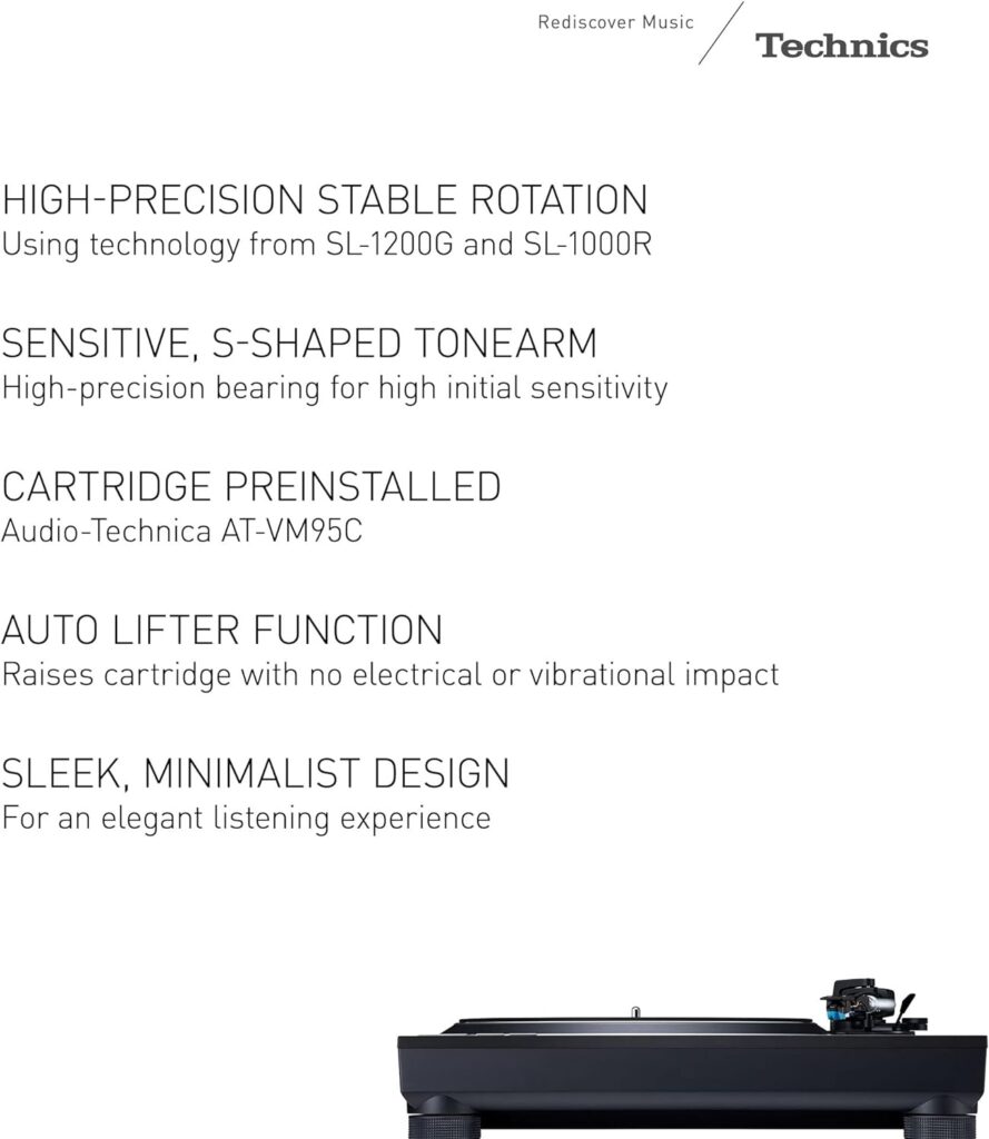 Technics Turntable, Premium Class HiFi Record Player with Coreless Direct, Stable Playback, Audiophile-Grade Cartridge and Auto-Lift Tonearm, Dustcover Included – SL-100C, Black (SL-100C-K)